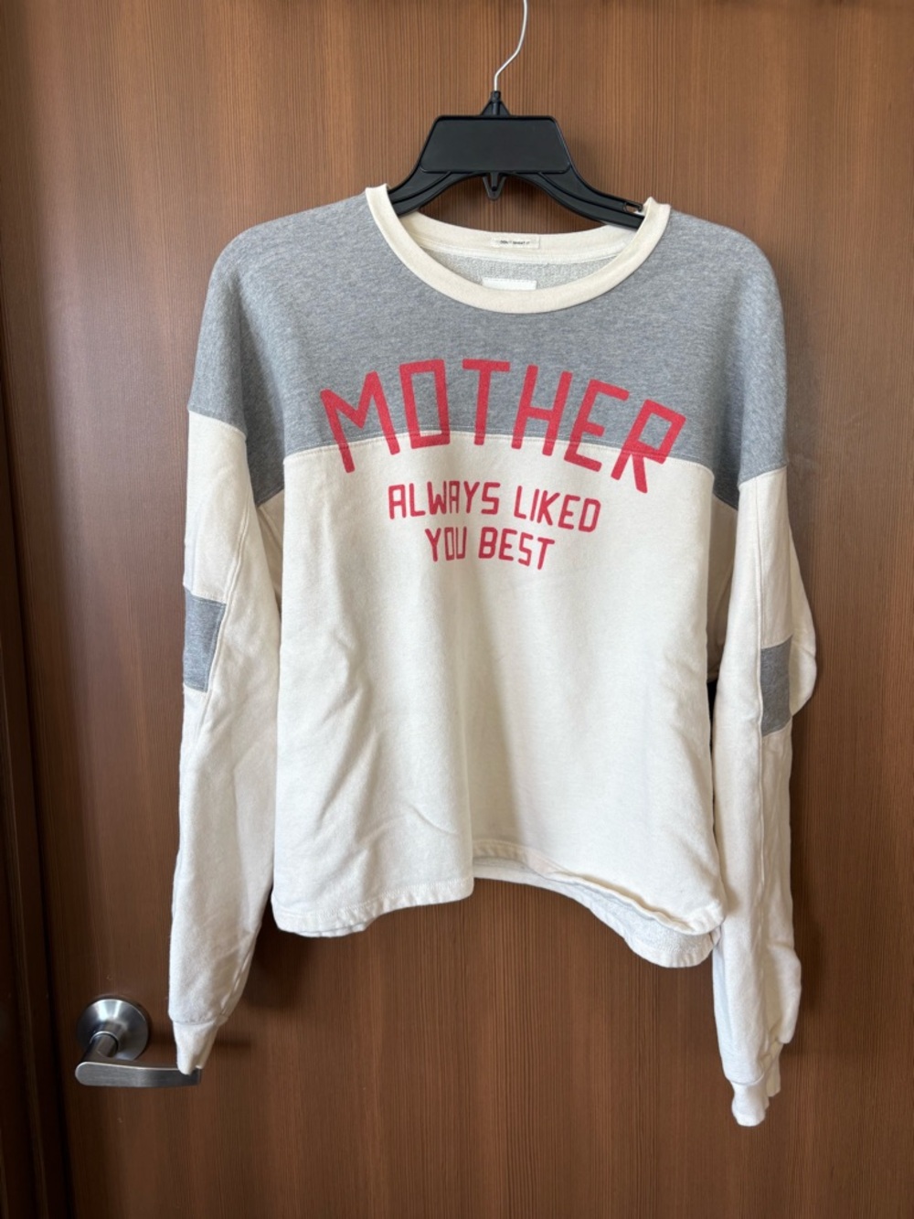 MOTHER cream and gray sweatshirt with red lettering
